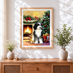 Finished cosy dog with a ginger kitten by the fireplace cross stitch artwork displayed