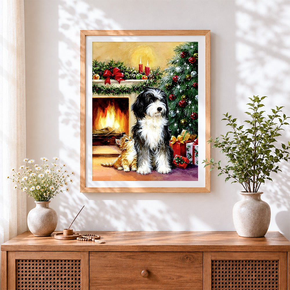 Finished cosy dog with a ginger kitten by the fireplace cross stitch artwork displayed