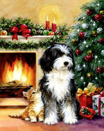 Cosy dog with a ginger kitten by the fireplace cross stitch kit for beginners