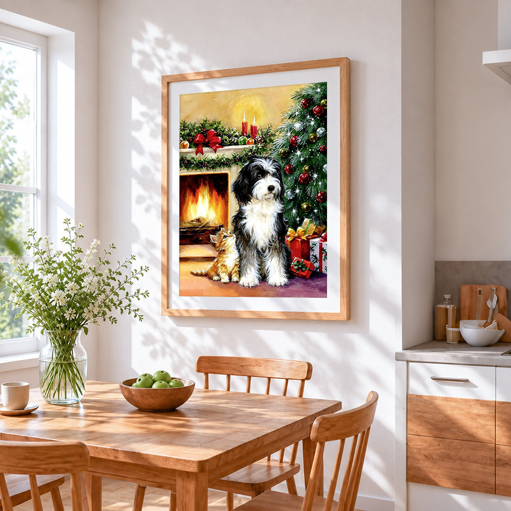 Cosy dog with a ginger kitten by the fireplace cross stitch artwork displayed on wall as home decor