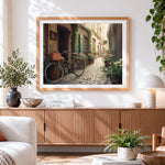 Finished cosy european alleyway and bicycle paint by numbers artwork displayed as home decor