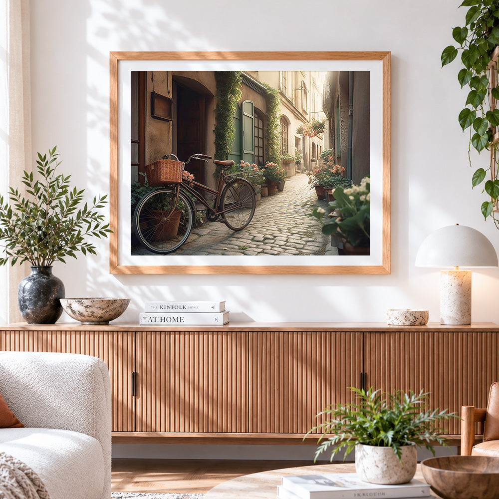 Finished cosy european alleyway and bicycle paint by numbers artwork displayed as home decor