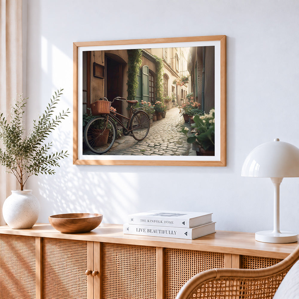 Cosy european alleyway and bicycle paint by numbers artwork displayed on wall as home decor