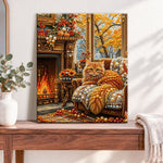 Finished cosy fireplace cat pearl diamond painting artwork displayed as home decor