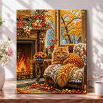Cosy fireplace cat pearl diamond painting kit for beginners