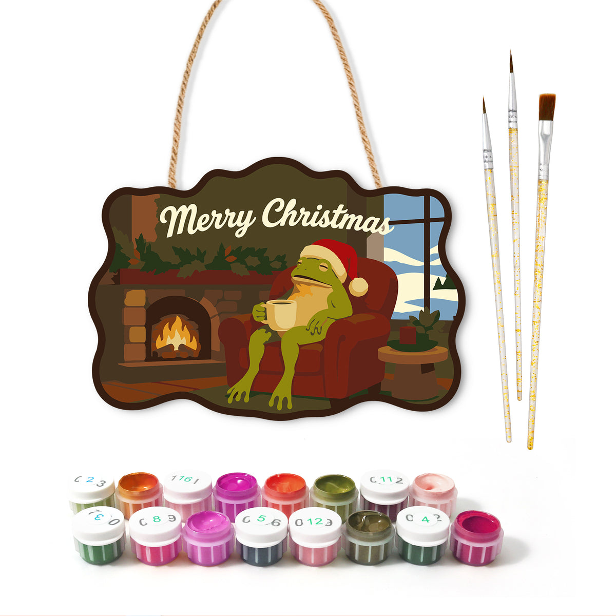 Cosy fireplace frog paint by numbers door hanger with paints and brushes