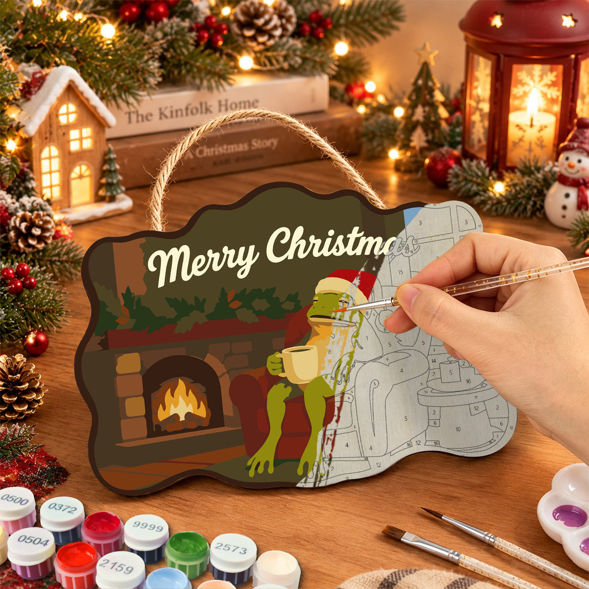 Cosy fireplace frog paint by numbers door hanger painting process