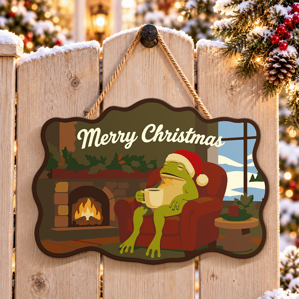 Cosy fireplace frog paint by numbers door hanger on a garden gate