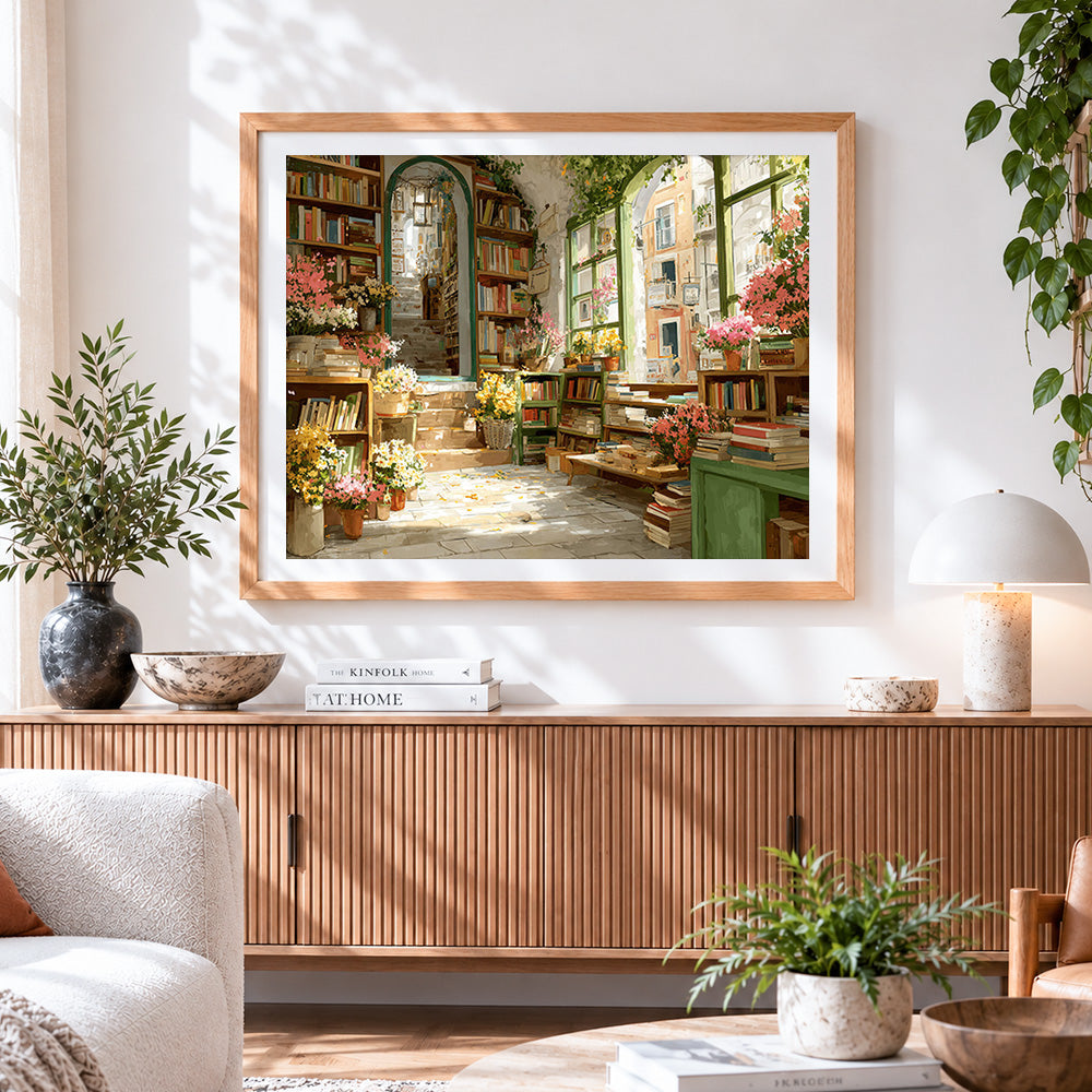 Finished cosy floral bookstore paint by numbers artwork displayed as home decor