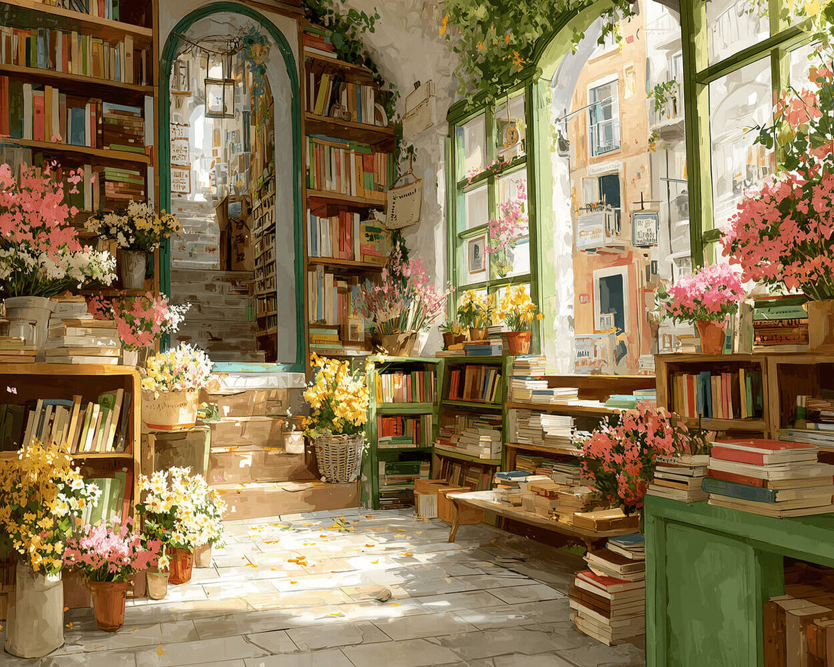 Cosy floral bookstore paint by numbers kit for beginners