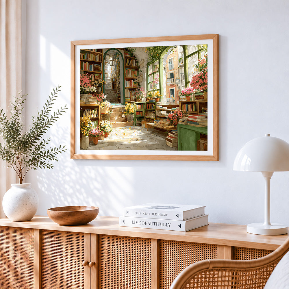 Cosy floral bookstore paint by numbers artwork displayed on wall as home decor