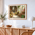 Cosy floral bookstore paint by numbers artwork displayed on wall as home decor