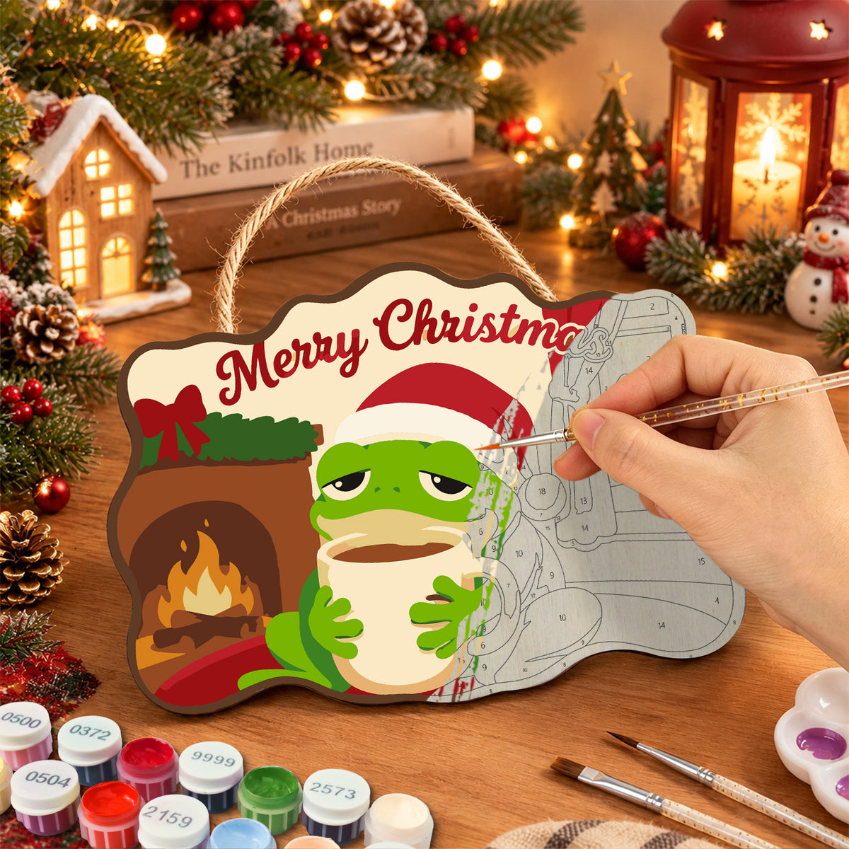 Cosy frog holiday paint by numbers door hanger painting process