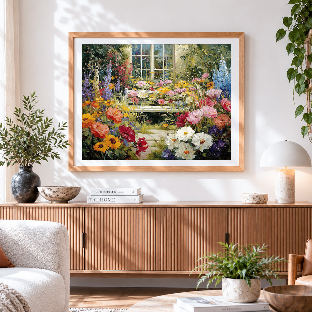 Finished cosy garden window and bench paint by numbers artwork displayed as home decor