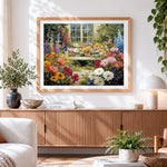Finished cosy garden window and bench paint by numbers artwork displayed as home decor