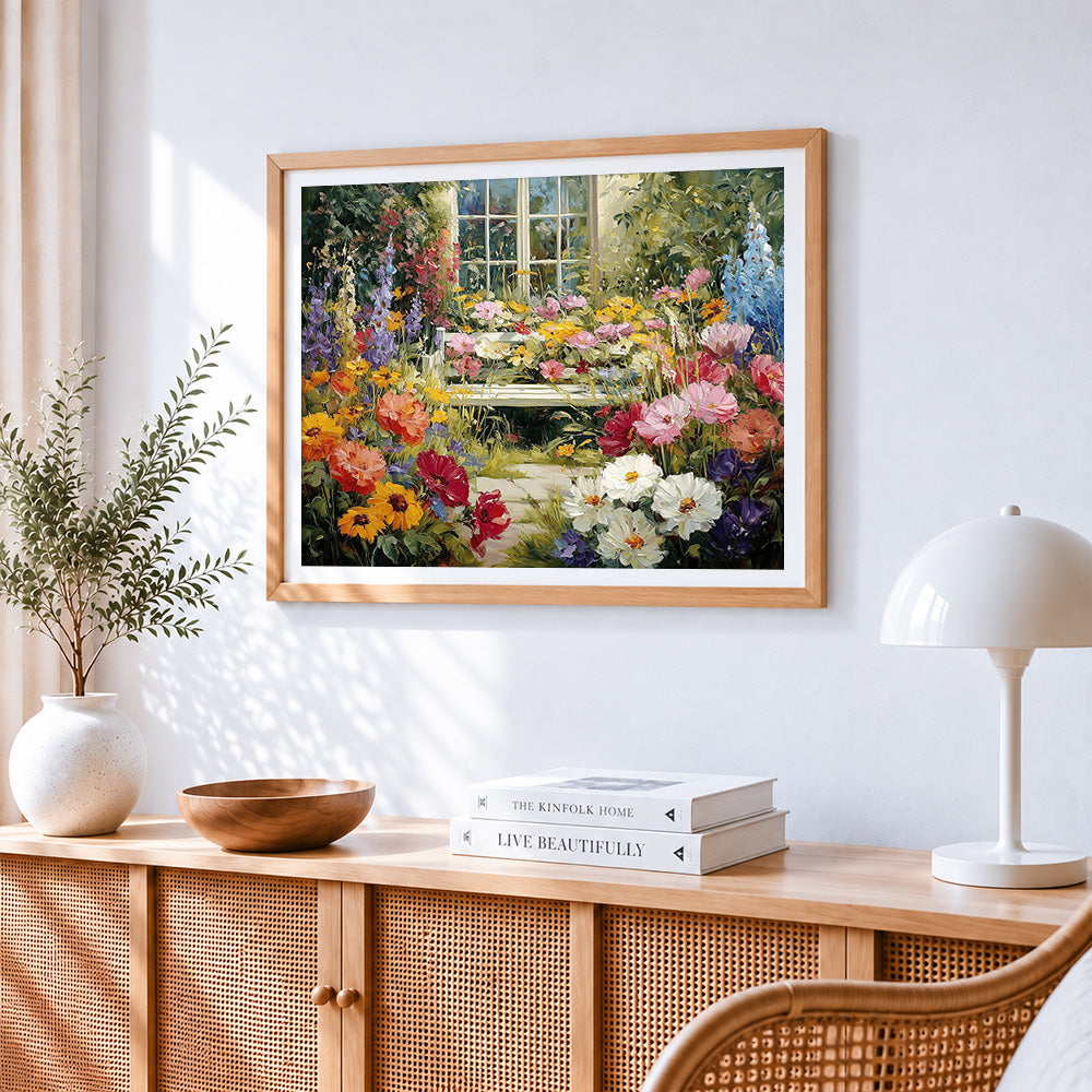 Cosy garden window and bench paint by numbers artwork displayed on wall as home decor