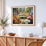 Cosy garden window and bench paint by numbers artwork displayed on wall as home decor