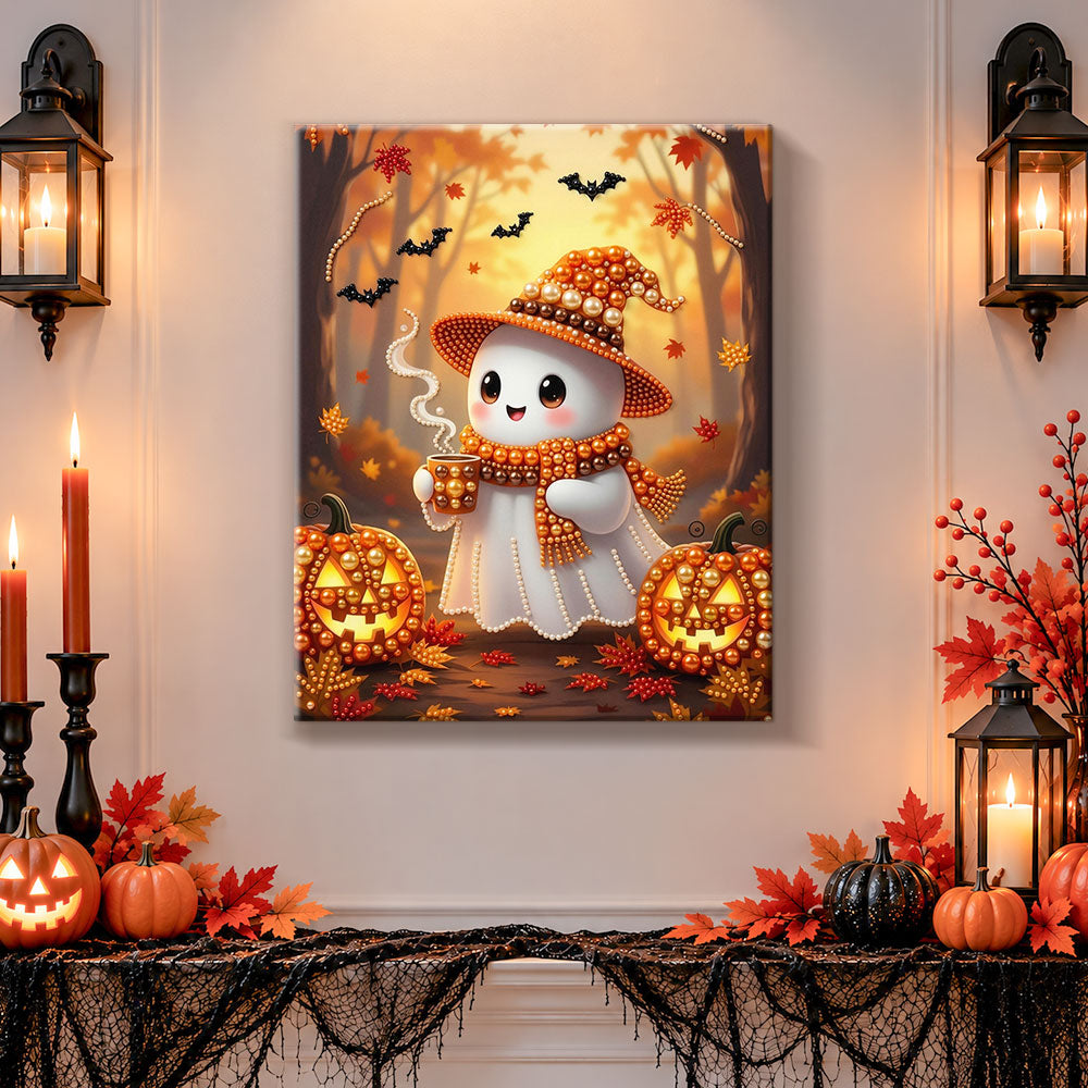 Finished cosy ghost enjoying hot drink pearl diamond painting artwork displayed as holiday home decor