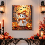 Finished cosy ghost enjoying hot drink pearl diamond painting artwork displayed as holiday home decor