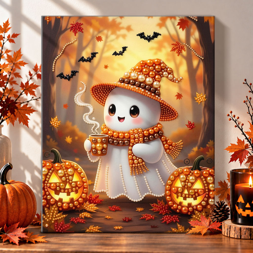 Cosy ghost enjoying hot drink pearl diamond painting kit for beginners