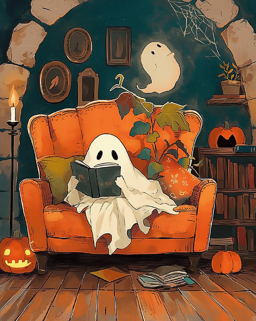 Cosy ghost reading in armchair cross stitch kit for beginners