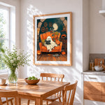 Cosy ghost reading in armchair cross stitch artwork displayed on wall as home decor