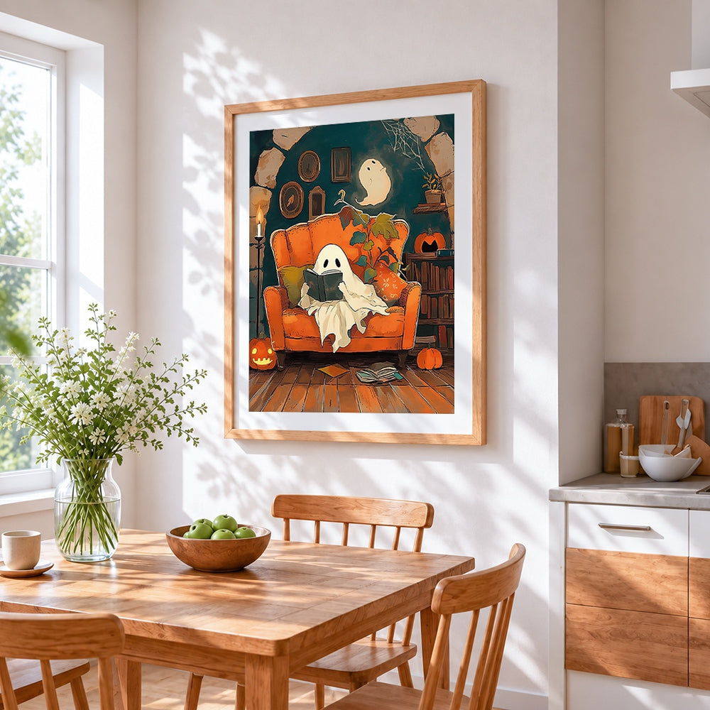 Cosy ghost reading in armchair cross stitch artwork displayed on wall as home decor