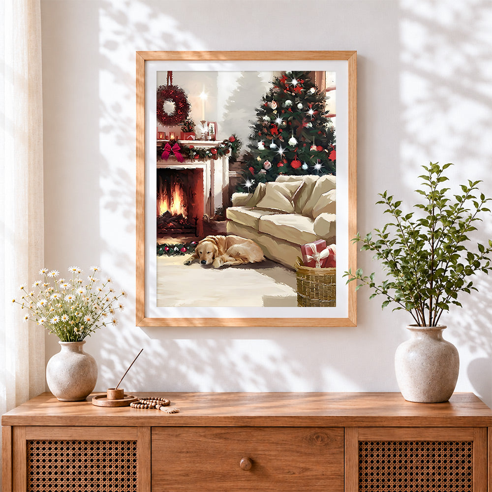 Finished cosy golden retriever by the fireplace cross stitch artwork displayed