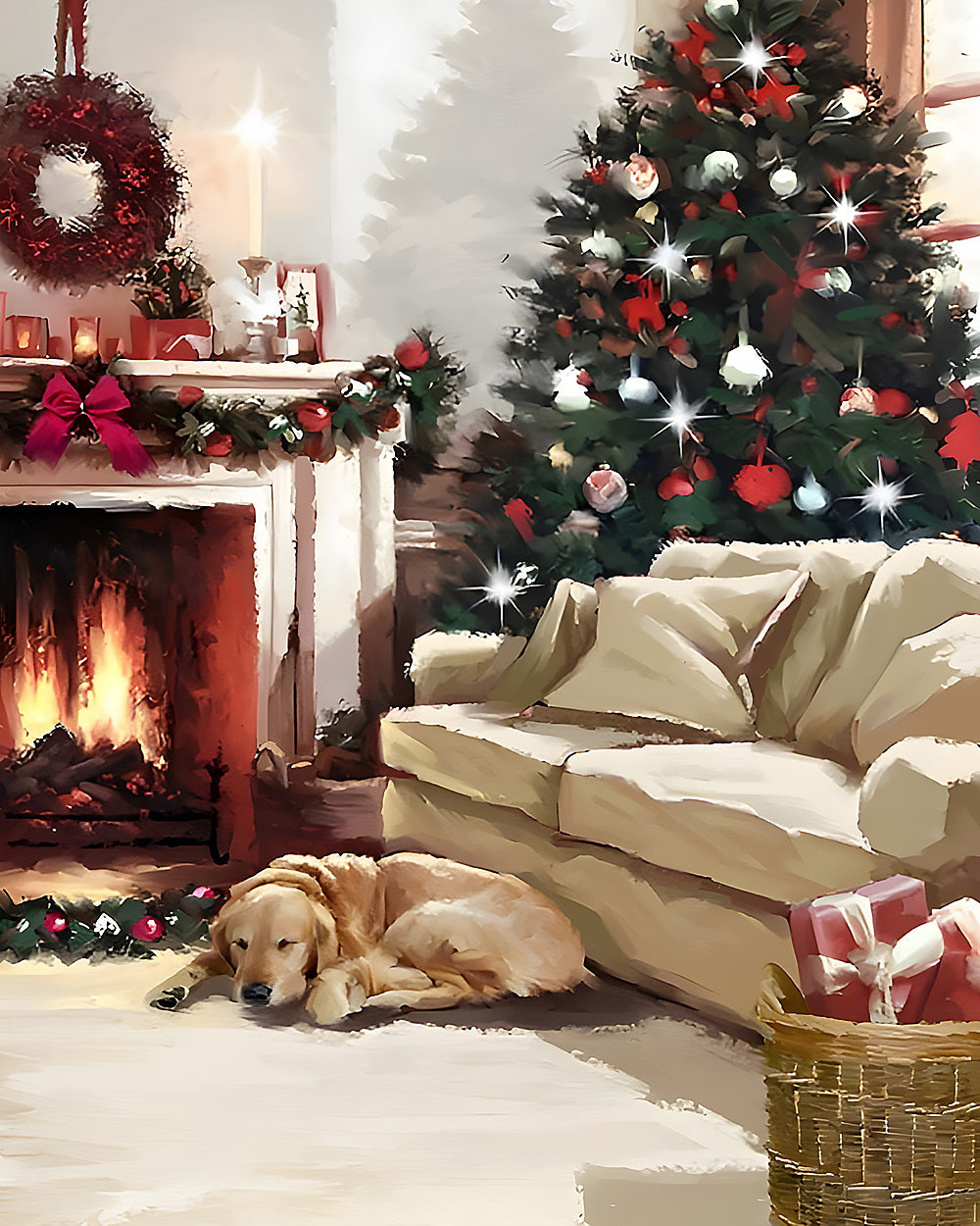 Cosy golden retriever by the fireplace cross stitch kit for beginners