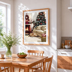 Cosy golden retriever by the fireplace cross stitch artwork displayed on wall as home decor