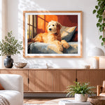 Finished cosy goldendoodle by the window cross stitch artwork displayed