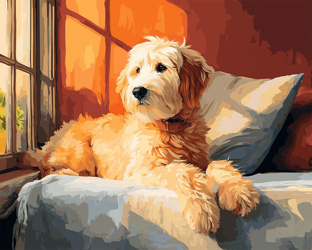 Cosy goldendoodle by the window cross stitch kit for beginners