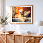 Cosy goldendoodle by the window cross stitch artwork displayed on wall as home decor