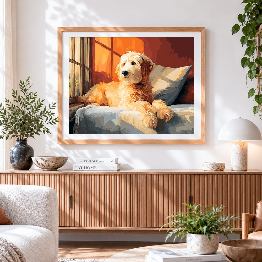 Finished cosy goldendoodle by the window paint by numbers artwork displayed as home decor