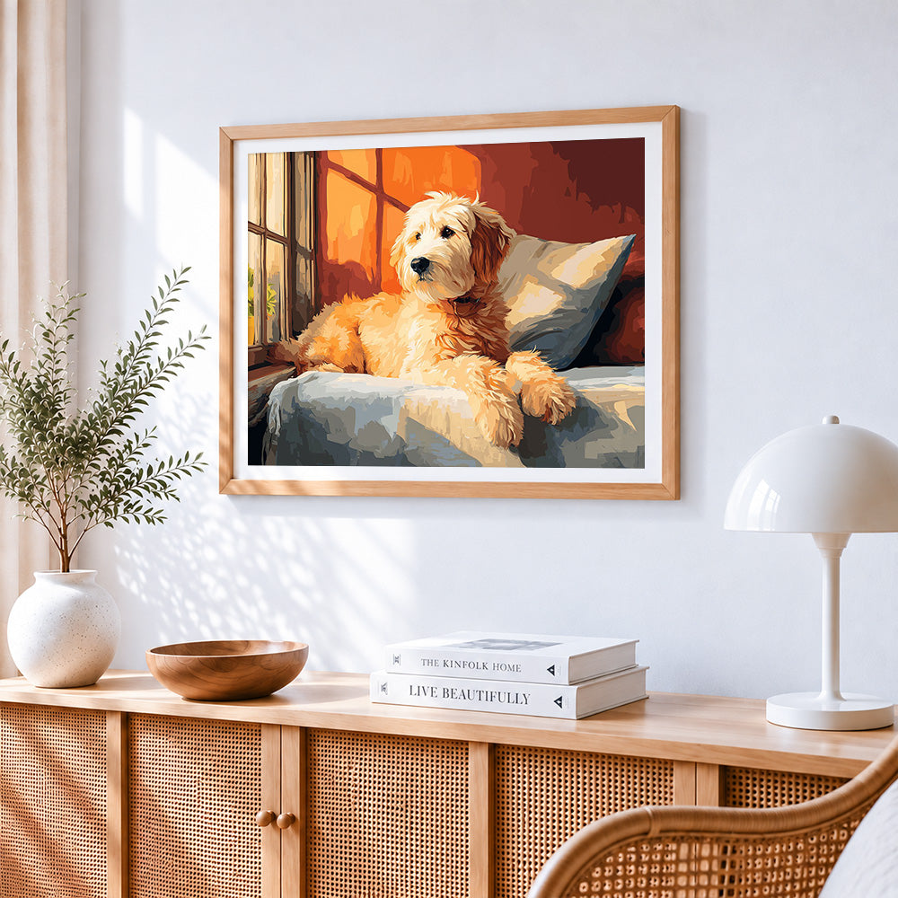 Cosy goldendoodle by the window paint by numbers artwork displayed on wall as home decor
