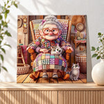 Finished cosy granny with cats pearl diamond painting artwork displayed as holiday home decor