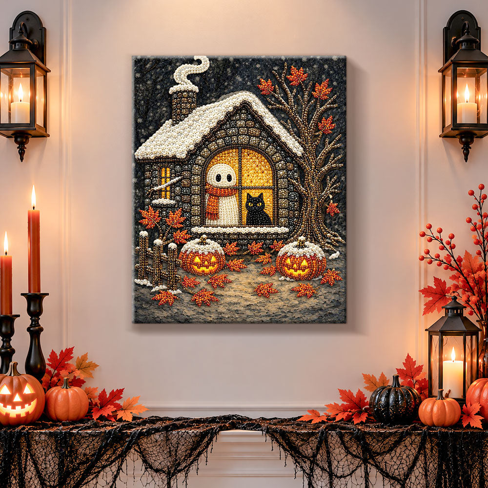 Finished cosy halloween cottage window pearl diamond painting artwork displayed as holiday home decor