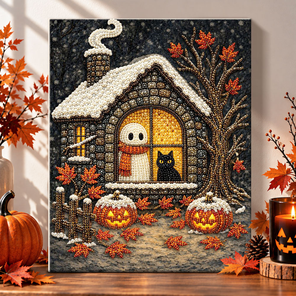 Cosy halloween cottage window pearl diamond painting kit for beginners