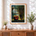 Finished cosy halloween window display cross stitch artwork displayed