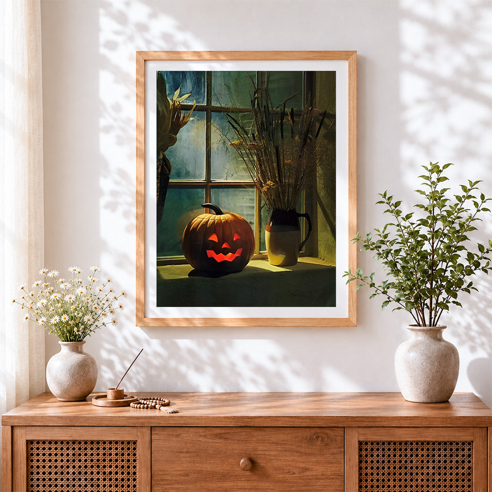 Finished cosy halloween window display cross stitch artwork displayed