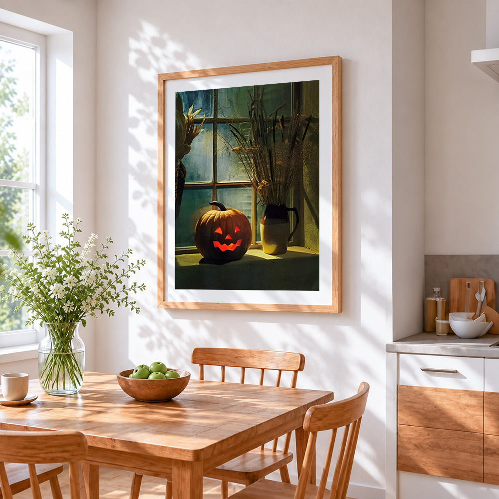 Cosy halloween window display cross stitch artwork displayed on wall as home decor