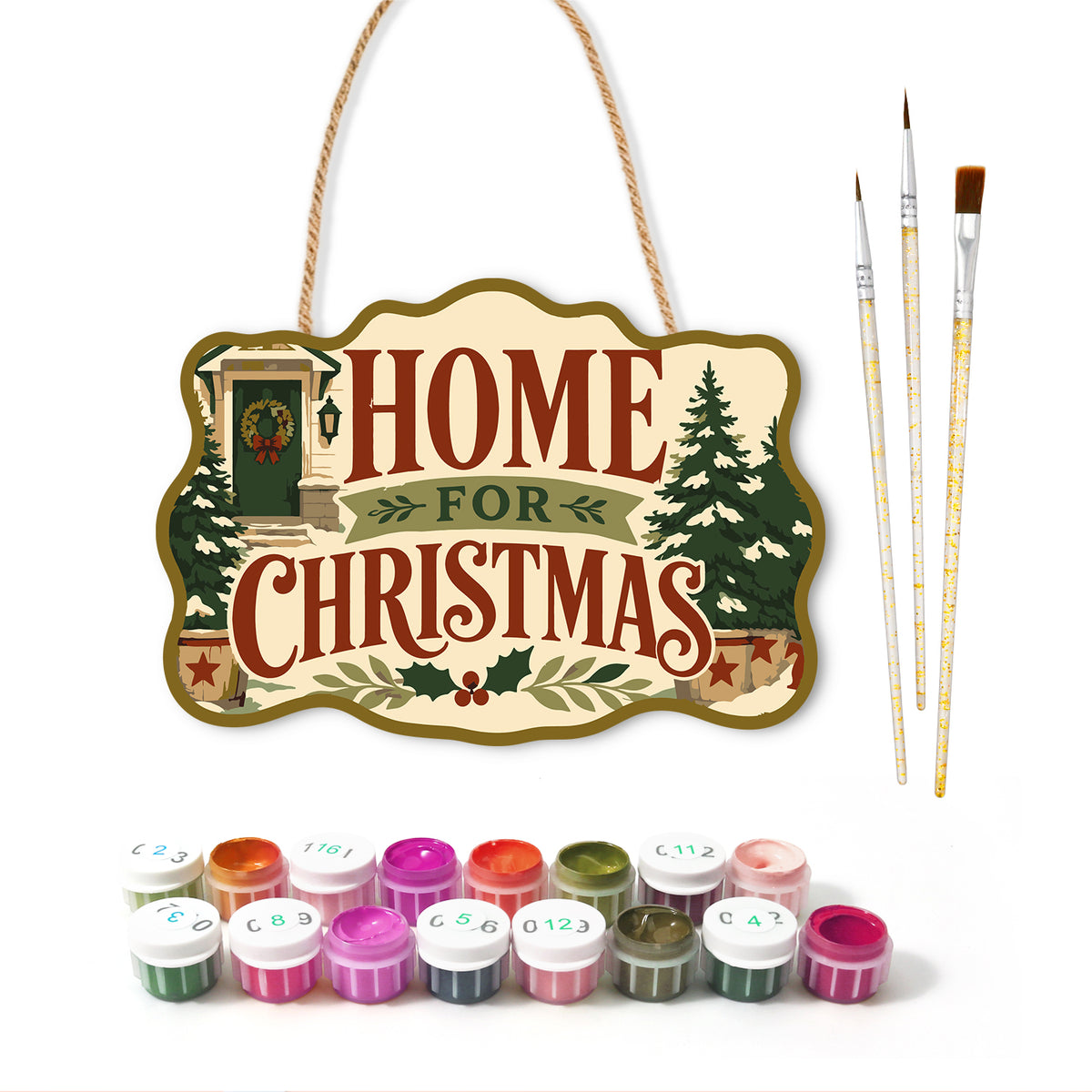 Cosy home christmas paint by numbers door hanger with paints and brushes