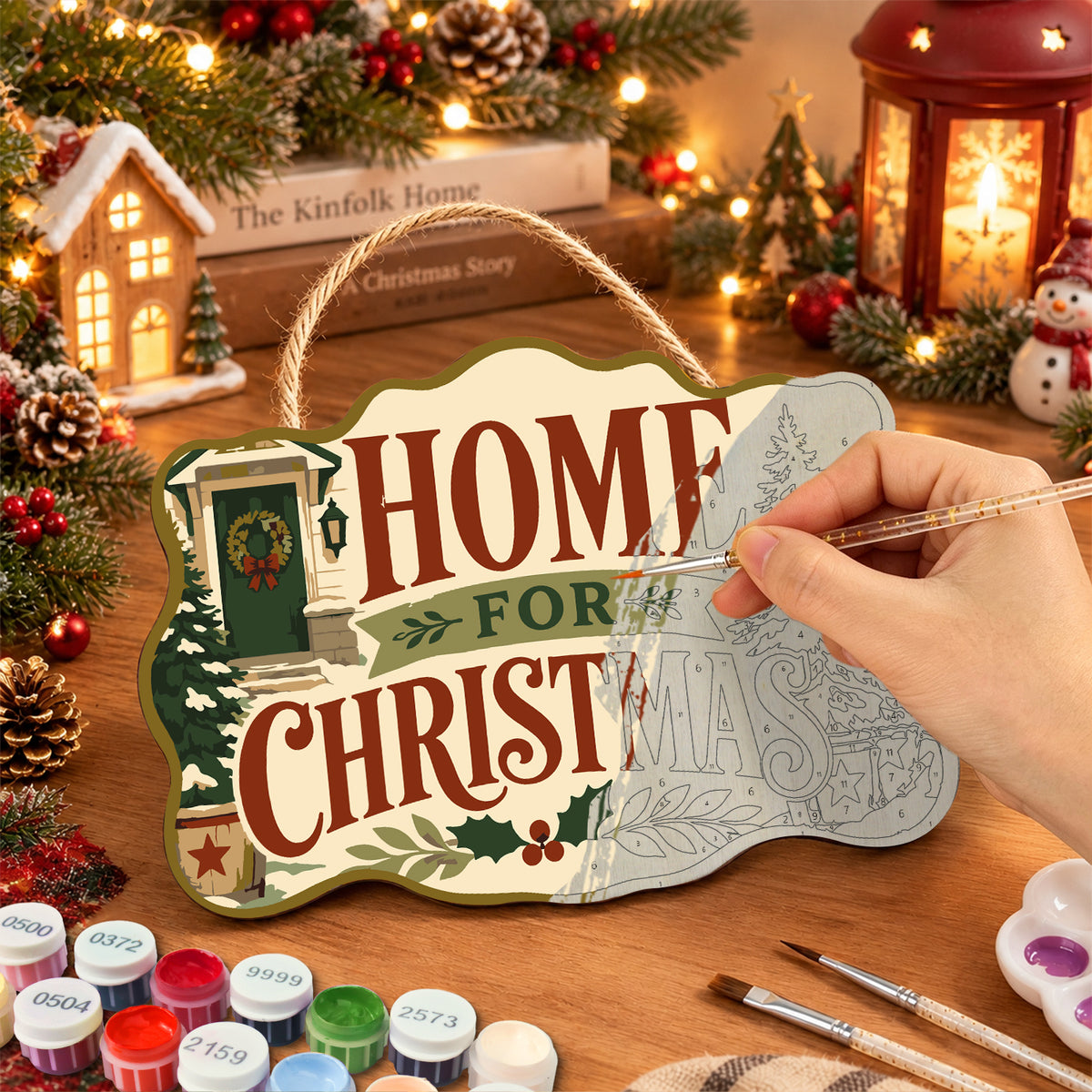 Cosy home christmas paint by numbers door hanger painting process
