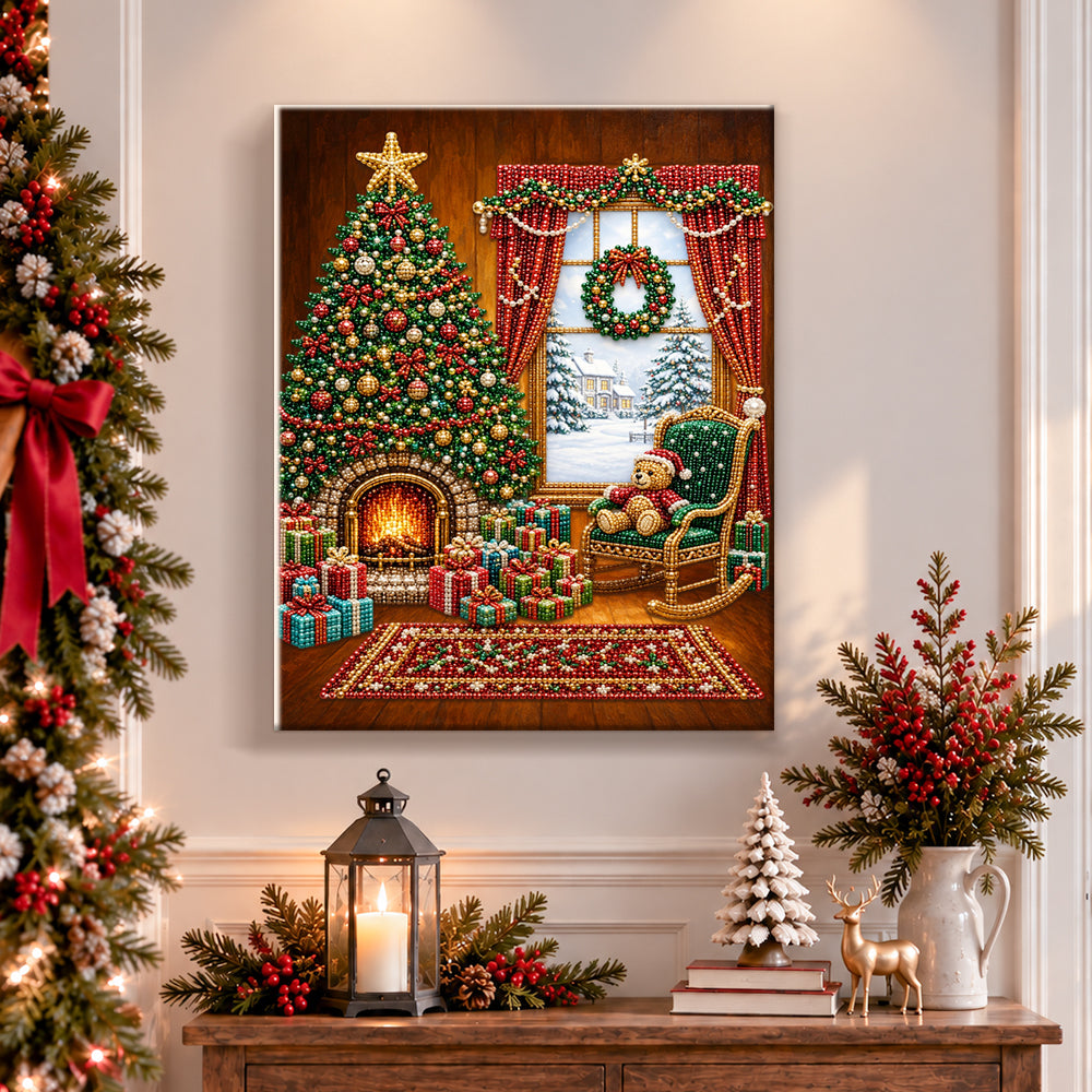 Finished cosy indoor christmas scene pearl diamond painting artwork displayed as holiday home decor