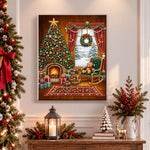 Finished cosy indoor christmas scene pearl diamond painting artwork displayed as holiday home decor
