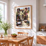 Cosy italian cafe courtyard cross stitch artwork displayed on wall as home decor