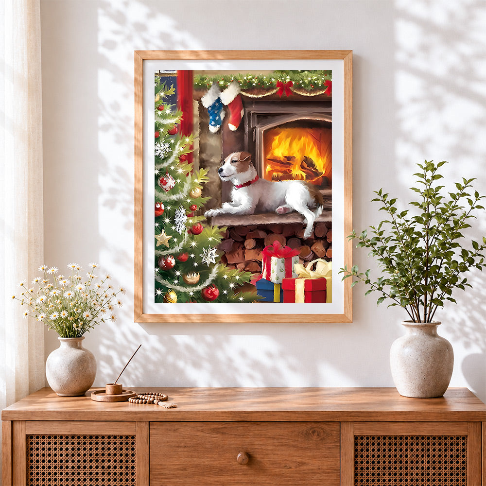Finished cosy jack russell terrier by the christmas fireplace cross stitch artwork displayed