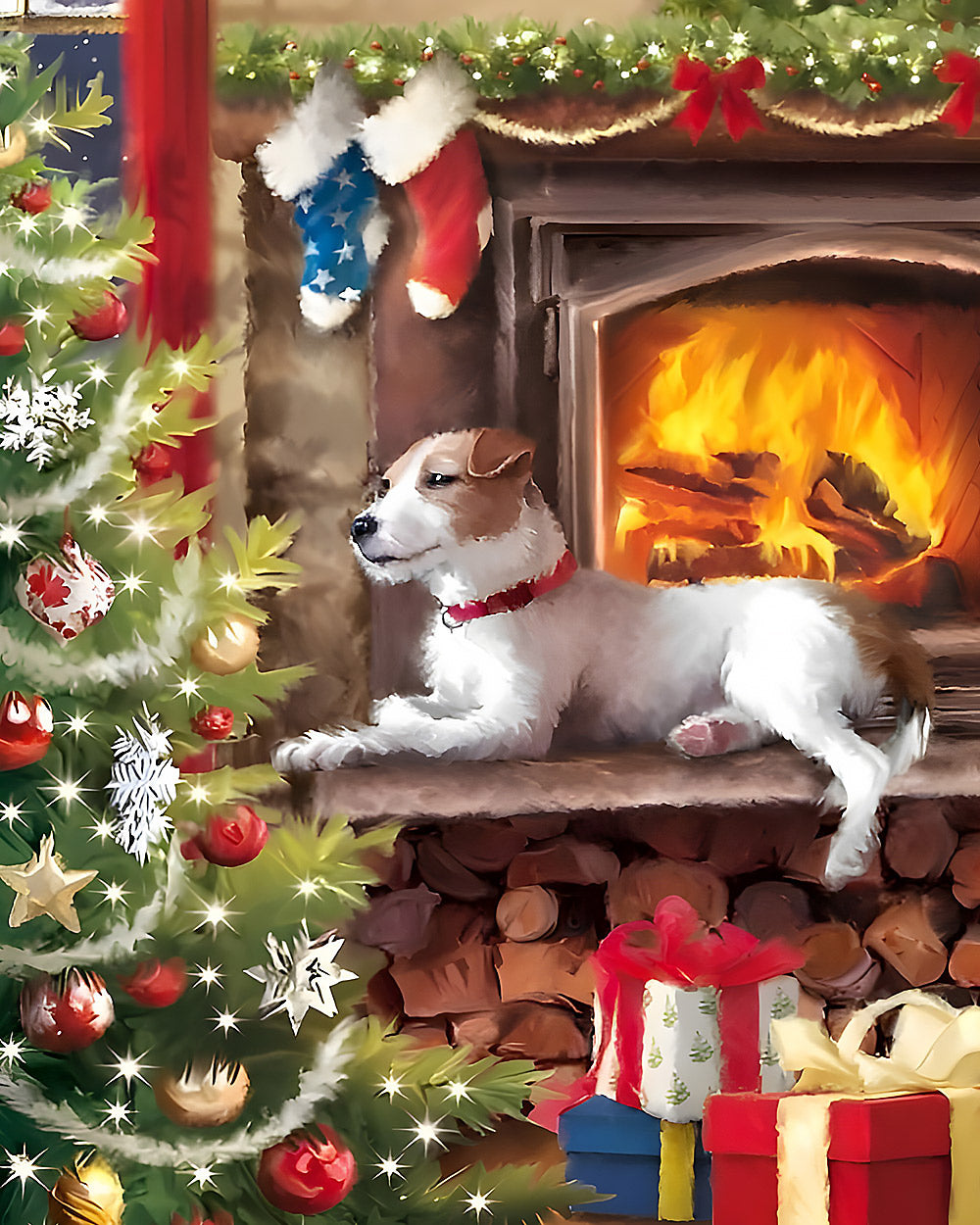 Cosy jack russell terrier by the christmas fireplace cross stitch kit for beginners