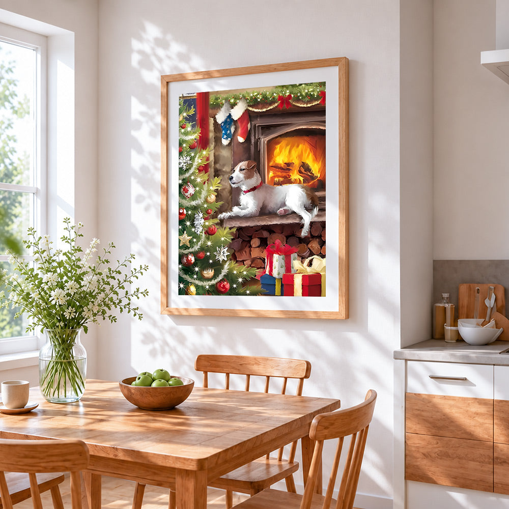 Cosy jack russell terrier by the christmas fireplace cross stitch artwork displayed on wall as home decor