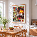Cosy jack russell terrier by the christmas fireplace cross stitch artwork displayed on wall as home decor